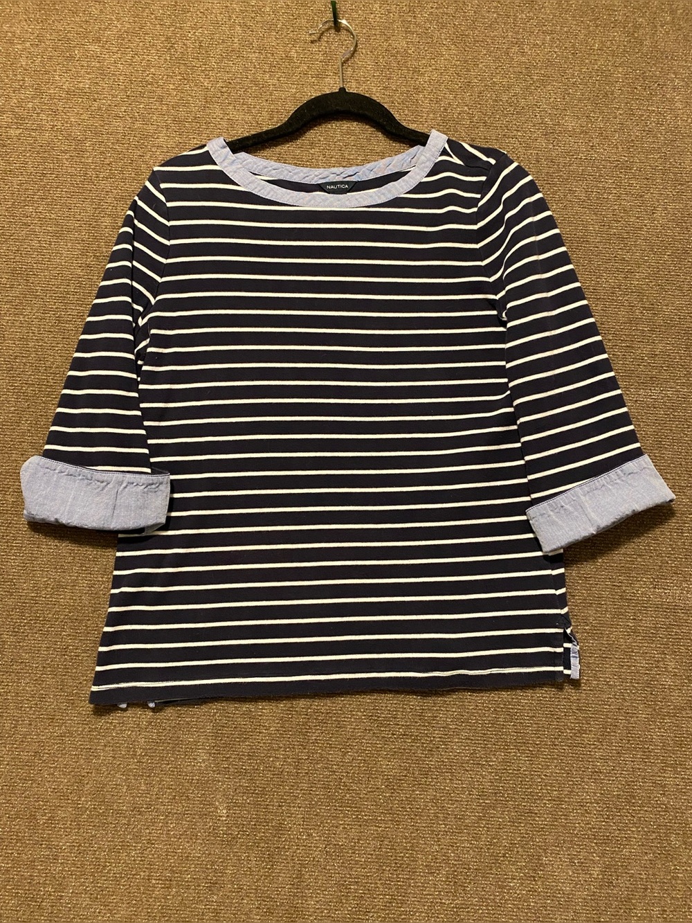 Nautica Striped 3/4 Cuffed Sleeve Top with Chambray Trim Size L